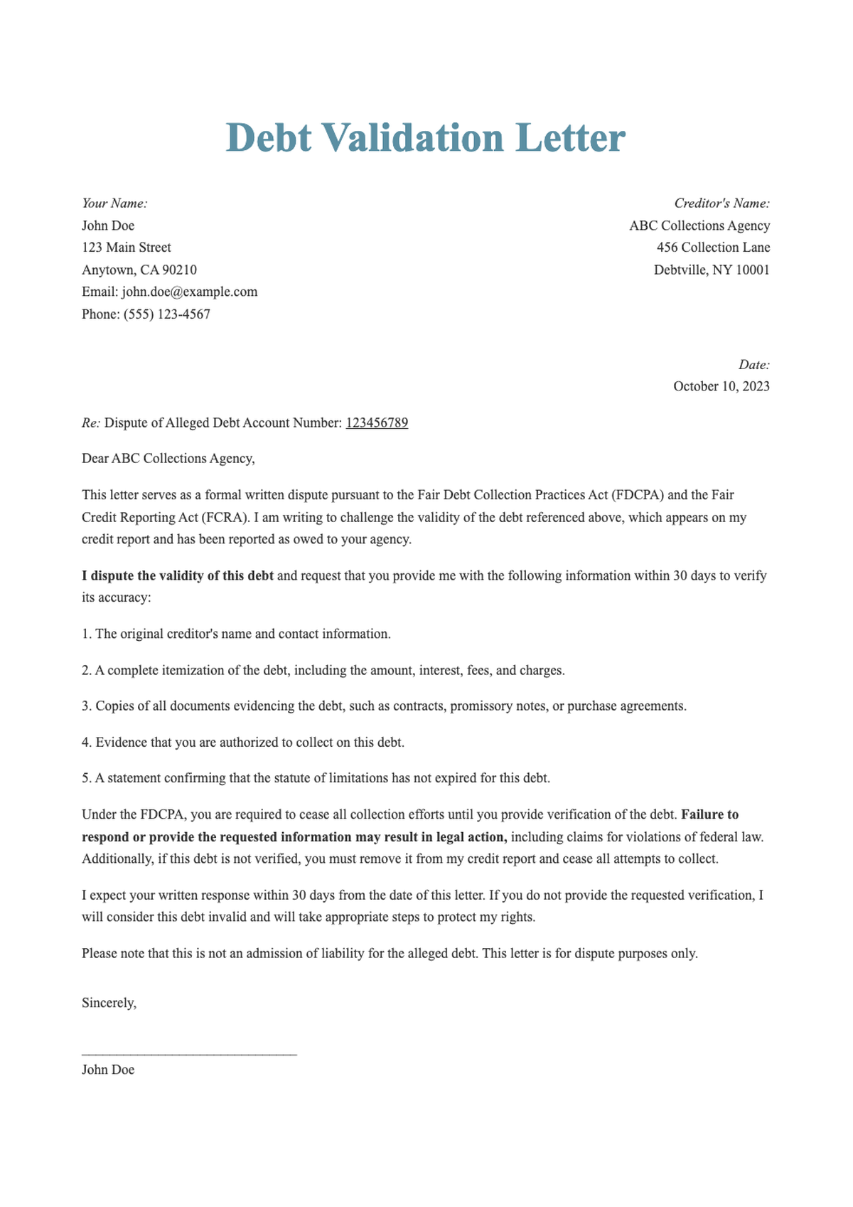 Sample debt validation request letter template_variant_1